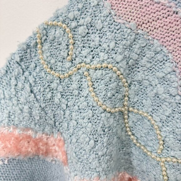 Vintage Pastel Blue Grannycore Coquette Mixed Media Rose Pearl Mockneck Sweater - Picture 8 of 10